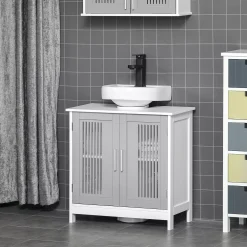 Kleankin Modern Under Sink Cabinet With 2 Doors, Pedestal Under Sink Bathroom Cupboard With Adjustable Shelves, Grey And White 7 Kleankin Modern Under Sink Cabinet With 2 Doors, Pedestal Under Sink Bathroom Cupboard With Adjustable Shelves, Grey And White -The Novogratz Shop 6271032 ALT