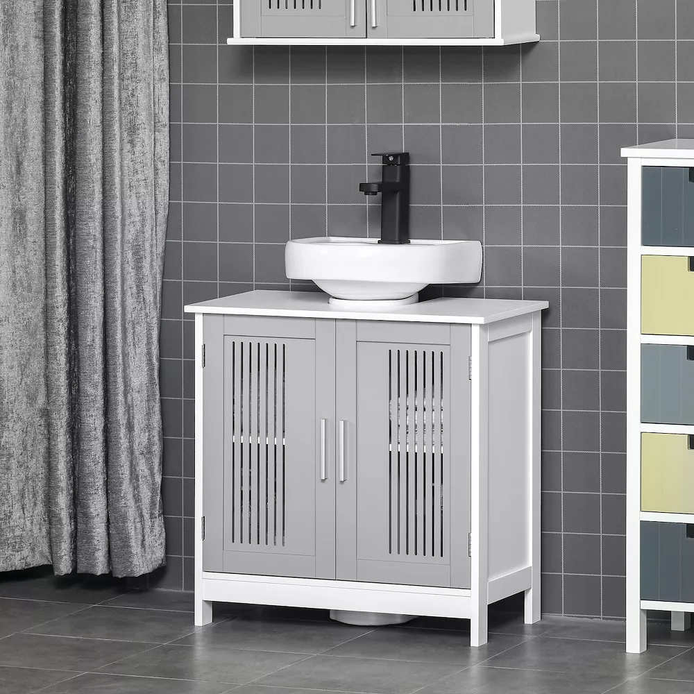 Kleankin Modern Under Sink Cabinet With 2 Doors, Pedestal Under Sink Bathroom Cupboard With Adjustable Shelves, Grey And White 4 Kleankin Modern Under Sink Cabinet With 2 Doors, Pedestal Under Sink Bathroom Cupboard With Adjustable Shelves, Grey And White - Image 2