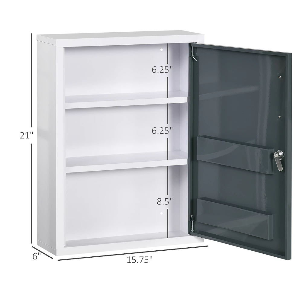 Kleankin Bathroom Medicine Cabinet With Shelves Inside & On Door, Locking Medical Cabinet For Child & Pet Safety, First Aid Bathroom Wall Cabinet, White And Grey 5 Kleankin Bathroom Medicine Cabinet With Shelves Inside & On Door, Locking Medical Cabinet For Child & Pet Safety, First Aid Bathroom Wall Cabinet, White And Grey - Image 3