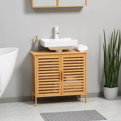 Kleankin Under Sink Cabinet With 2 Slatted Doors, Freestanding Bathroom Sink Cabinet Space Saver Organizer, Natural -The Novogratz Shop 6273800 ALT