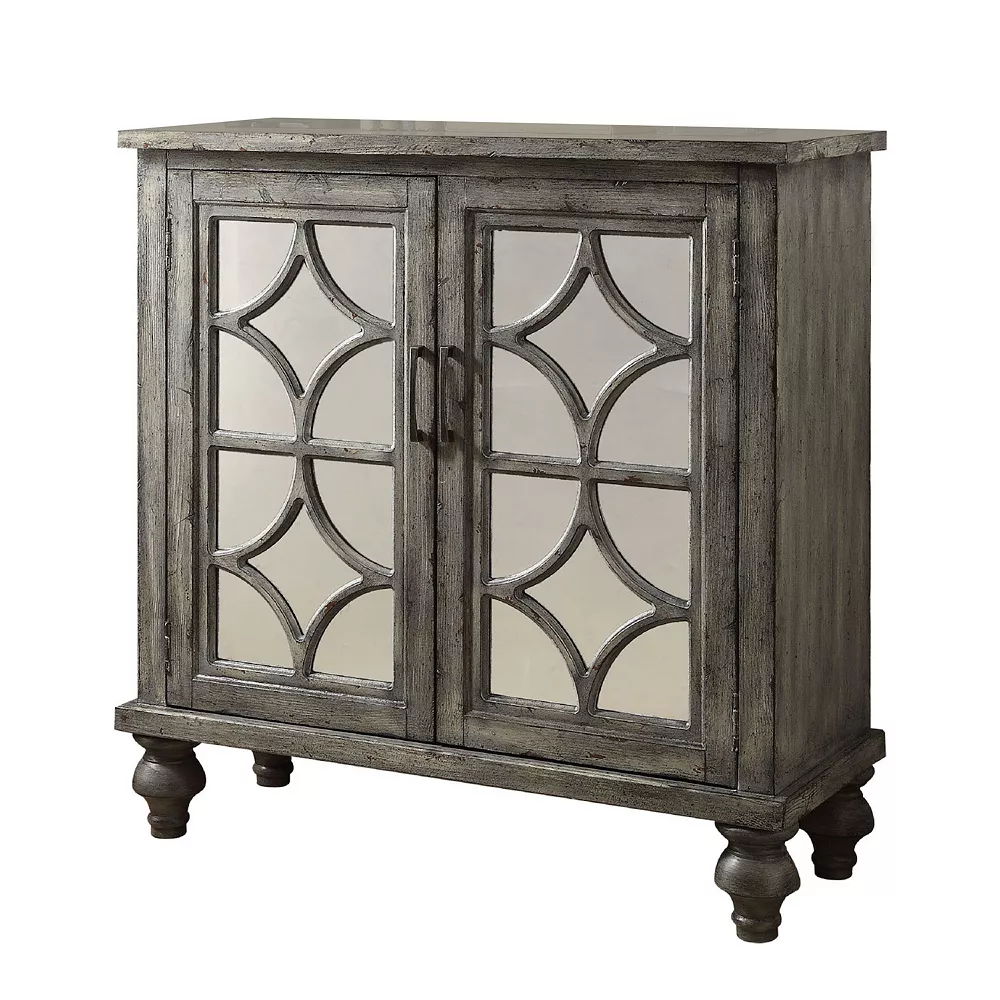 Benzara Storage Cabinet With 2 Doors And Diamond Mirror Trim, Weathered Gray 3 Benzara Storage Cabinet With 2 Doors And Diamond Mirror Trim, Weathered Gray