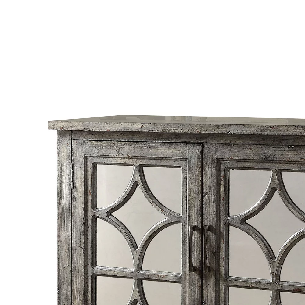 Benzara Storage Cabinet With 2 Doors And Diamond Mirror Trim, Weathered Gray 4 Benzara Storage Cabinet With 2 Doors And Diamond Mirror Trim, Weathered Gray - Image 2