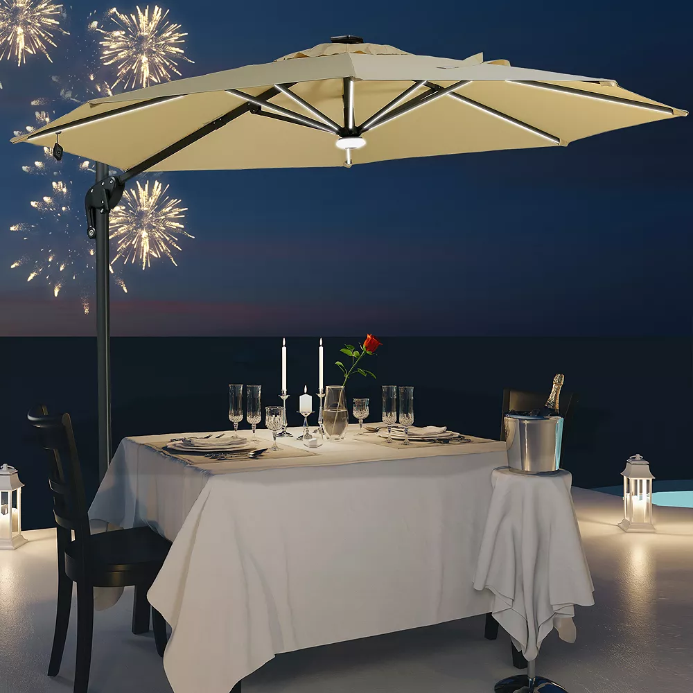 Outsunny 10' Offset Cantilever Patio Umbrella W/ LED Lights & Solar Panel Beige 4 Outsunny 10' Offset Cantilever Patio Umbrella W/ LED Lights & Solar Panel Beige - Image 2